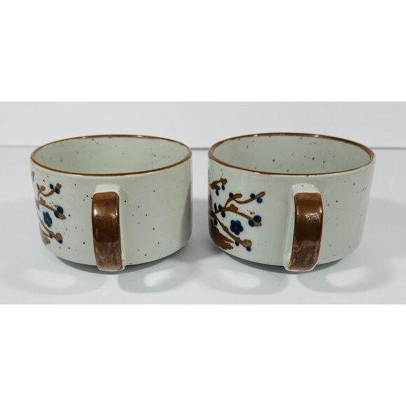 Vintage Korean Ceramic Stoneware Soup Mugs Floral Design Hand-Painted Brown & Wh - Picture 12 of 15